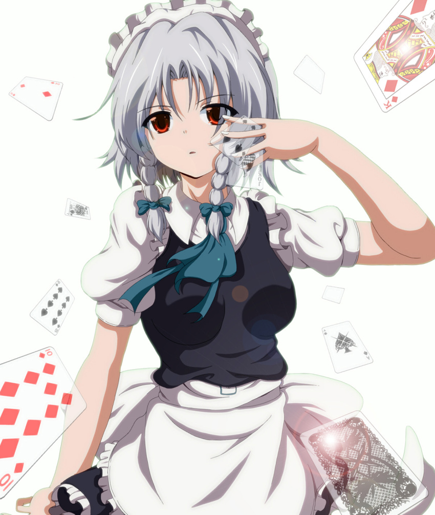 braid card cards diamond dr._cryptoso falling_card hair_ribbon highres holding holding_card izayoi_sakuya lens_flare maid maid_headdress playing_card red_eyes ribbon short_hair silver_hair solo the_embodiment_of_scarlet_devil touhou twin_braids