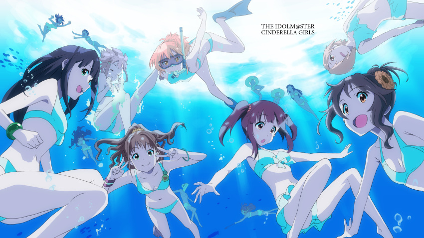 6+girls :t bikini black_hair bracelet breasts brown_hair character_request cleavage closed_eyes collarbone earrings fish goggles green_eyes hair_ornament heart highres hino_akane_(idolmaster) idolmaster idolmaster_cinderella_girls jewelry jougasaki_rika koshimizu_sachiko long_hair multiple_girls navel nyazui ogata_chieri open_mouth orange_eyes pink_hair polearm ponytail producer_(idolmaster) redhead shibuya_rin shirasaka_koume short_hair silver_hair snorkel swim_trunks swimsuit takamori_aiko trident twintails underwater v very_long_hair weapon wristband yellow_eyes