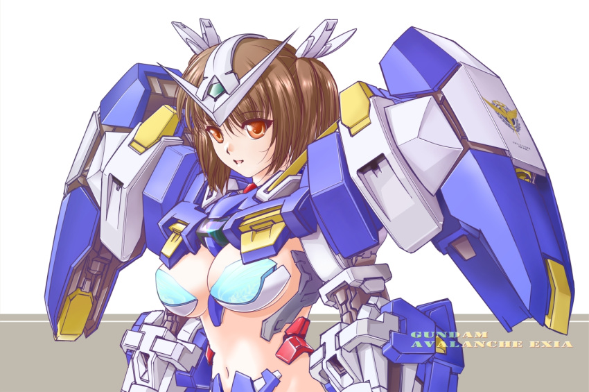 armor breasts brown_eyes brown_hair cleavage exia exia_avalanche gundam gundam_00 gundam_00v hair_ornament large_breasts mecha mecha_musume mobile_suit_gundam mori_chu navel nopan short_hair short_twintails signed simple_background solo twintails