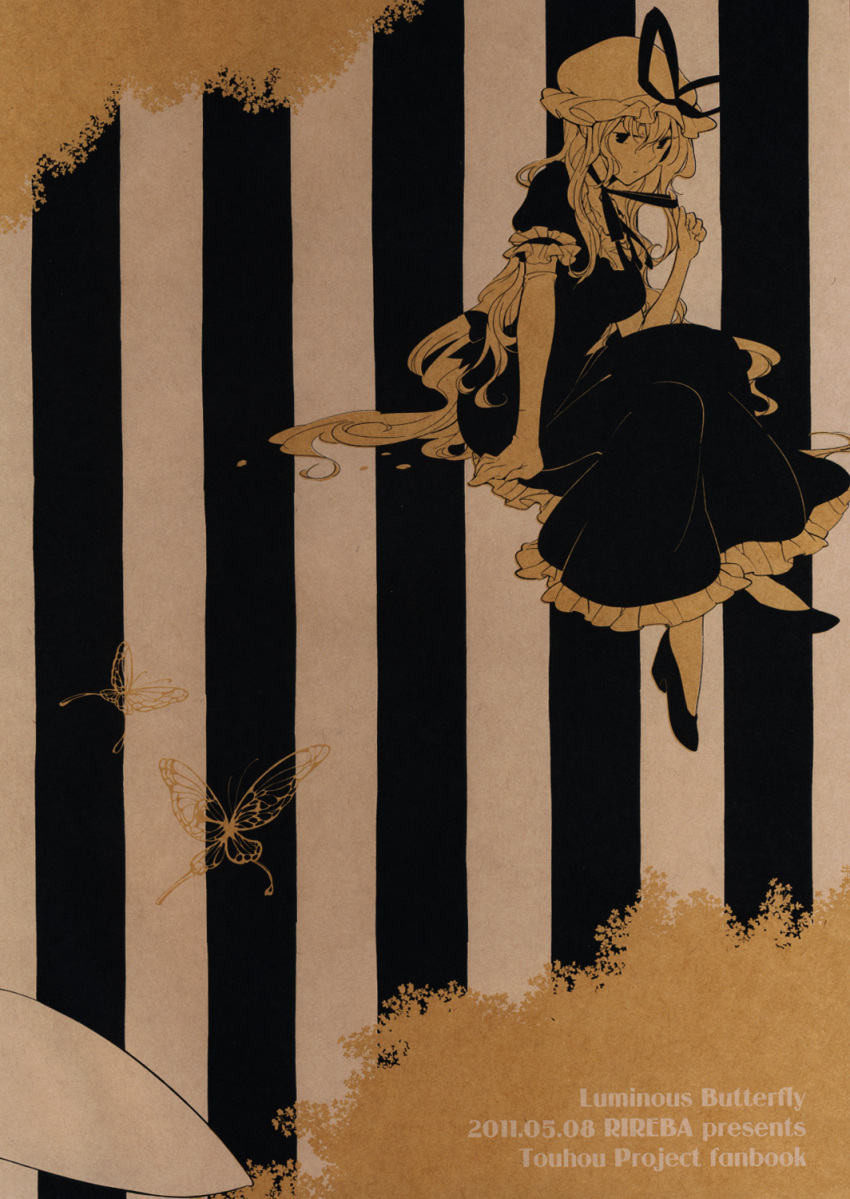 back_cover bow butterfly crossed_legs dress elbow_gloves frills gloves hat highres long_hair monochrome nakatani sepia sitting spot_color spot_coloring striped striped_background touhou yakumo_yukari