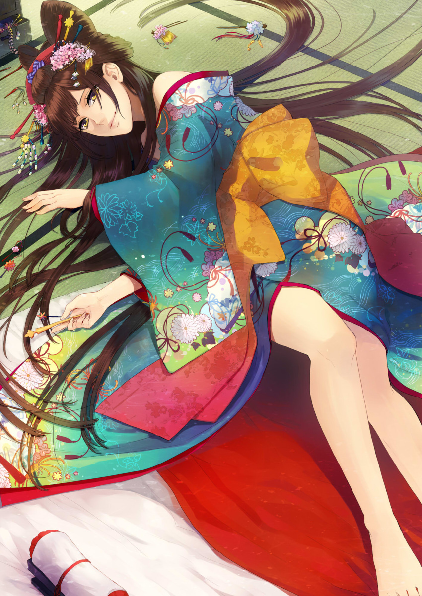 bare_legs bare_shoulders barefoot brown_hair double_bun dutch_angle fingernails floral_print flower hair_bun hair_flower hair_ornament hair_stick hairpin headdress highres japanese_clothes juuya kimono lips lipstick long_hair looking_at_viewer lying makeup multicolored_eyes oiran on_side original purple_eyes scroll smile solo tatami violet_eyes wide_sleeves yellow_eyes
