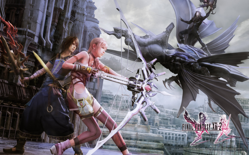 black_hair bow_and_arrow brown_hair dual_blades fighting final_fantasy final_fantasy_xiii final_fantasy_xiii-2 kaias long_hair male monster noel_kreiss pink_hair ponytail realistic serah_farron short_hair sword wallpaper weapon