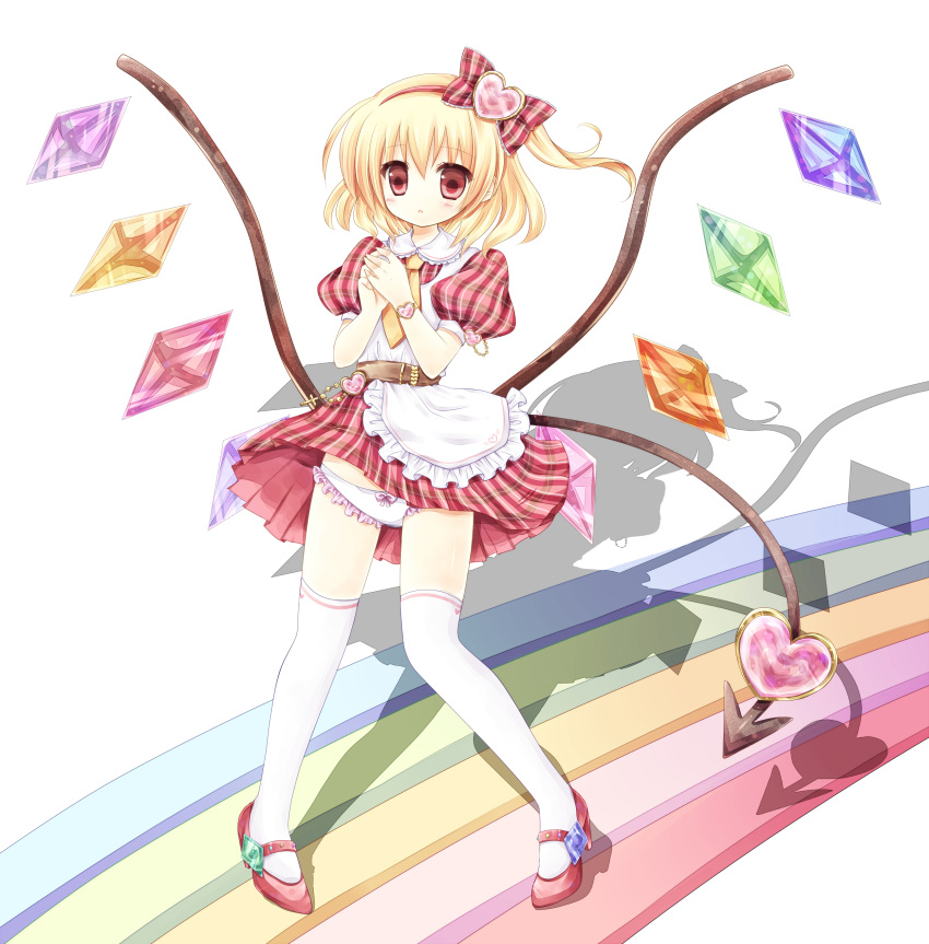 1girl absurdres alternate_costume apron bad_id belt blonde_hair blush demon_tail dress flandre_scarlet hair_ornament hair_ribbon heart highres kouta. open_mouth panties rainbow red_dress red_eyes red_shoes ribbon shoes side_ponytail solo tail the_embodiment_of_scarlet_devil thigh-highs thighhighs touhou underwear white_legwear white_panties wings wristband