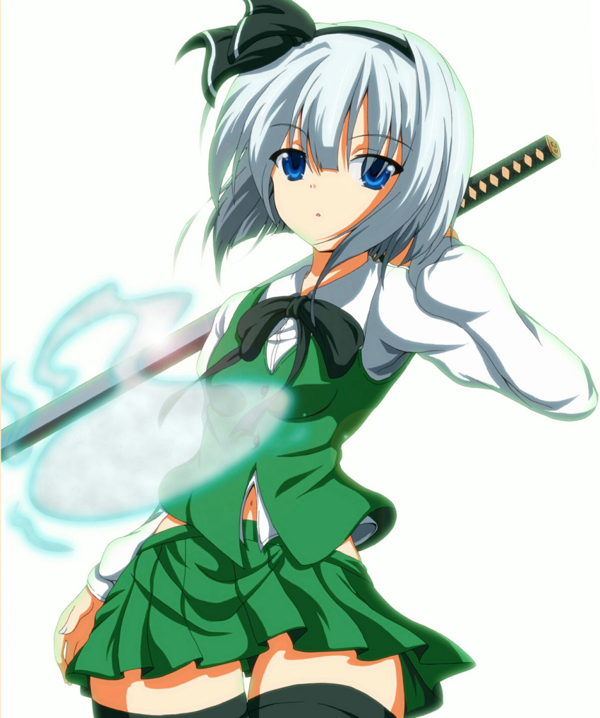 black_legwear blue_eyes dr._cryptoso dress_shirt hair_ribbon highres hitodama katana konpaku_youmu konpaku_youmu_(ghost) lens_flare miniskirt navel ribbon shirt short_hair silver_hair skirt solo sword thigh-highs thighhighs touhou weapon zettai_ryouiki