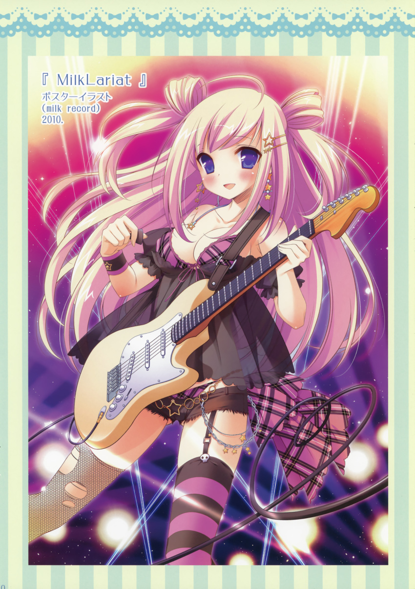 absurdres asymmetrical_clothes blonde_hair blush bra breasts chain cleavage copyright_request cutoffs earrings electric_guitar fishnets front-tie_top guitar hair_ornament hairclip highres instrument inugahora_an jewelry lingerie long_hair open_mouth panties plectrum see-through short_shorts shorts smile solo thigh-highs thighhighs torn_clothes underwear