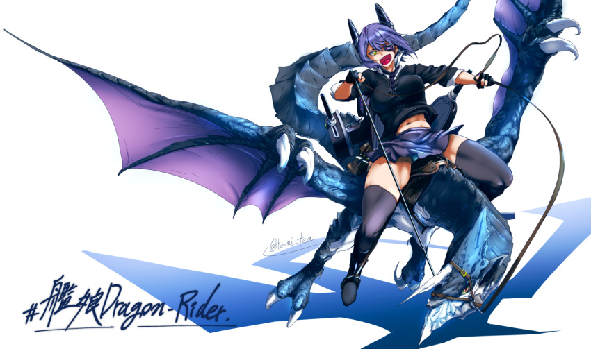 boots claws commentary_request dragon eyepatch fingerless_gloves gloves horn kantai_collection midriff navel necktie open_mouth partly_fingerless_gloves purple_hair red_eyes reins riding short_hair skirt sleeves_rolled_up smile tail tenryuu_(kantai_collection) thigh-highs torichamaru translation_request twitter_username wings yellow_eyes yellow_sclera