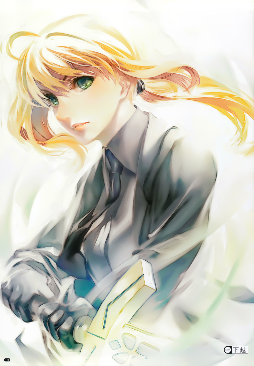 absurdres black_gloves blonde_hair excalibur fate/stay_night fate/zero fate_(series) formal gloves green_eyes highres invisible_air necktie ponytail saber scan simosi solo suit sword weapon