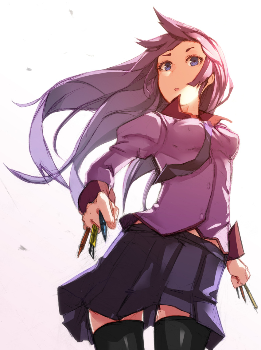 bakemonogatari blue_eyes boxcutter highres kotobuki_ryou long_hair monogatari_(series) pen purple_hair school_uniform senjougahara_hitagi thigh-highs thighhighs