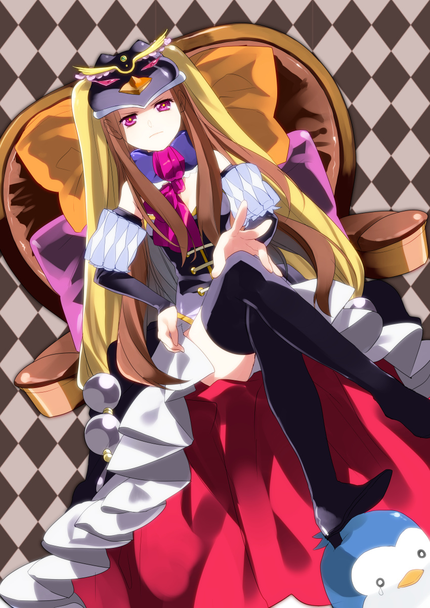 animal_hat bird boots breasts bridal_gauntlets brown_hair chair cleavage crossed_legs dutch_angle frills frown hat highres legs_crossed leotard long_hair mawaru_penguindrum penguin princess_of_the_crystal purple_eyes sennen_suisei sitting star star-shaped_pupils symbol-shaped_pupils takakura_himari thigh-highs thigh_boots thighhighs violet_eyes