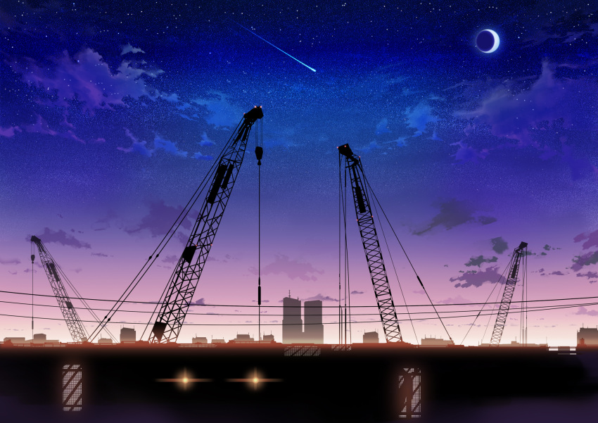 cloud crane dusk highres inzanaki moon original scenery scenic shooting_star sky skyline star star_(sky) stars twilight