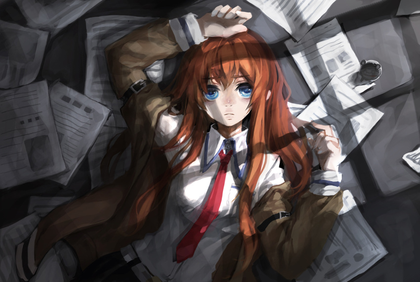 arm_up bad_id blue_eyes brown_hair face jacket long_hair looking_at_viewer lying makise_kurisu necktie on_back paper shade silverwing solo steins;gate window_shade