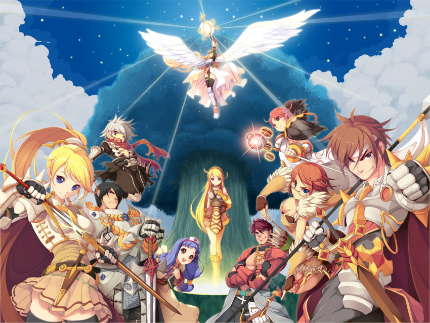 :3 :d acolyte angel_wings armor armored_dress arrow assassin_cross black_hair blonde_hair blue_eyes blue_hair book bow_(weapon) brown_eyes brown_hair clenched_hand cloud dagger fingerless_gloves fist fur_trim glasses gloves grey_hair guillotine_cross hat koflif large_wings long_hair looking_at_viewer lord_knight mechanic mechanic_(ragnarok_online) novice nurse_cap open_mouth orange_hair polearm ponytail professor quiver ragnarok_online red_hair royal_guard scabbard scarf sheath short_hair sky smile sniper sniper_(ragnarok_online) sorcerer_(ragnarok_online) spear staff star_(sky) sword tree twintails unsheathing valkyrie valkyrie_(ragnarok_online) very_long_hair weapon white_smith wings wink