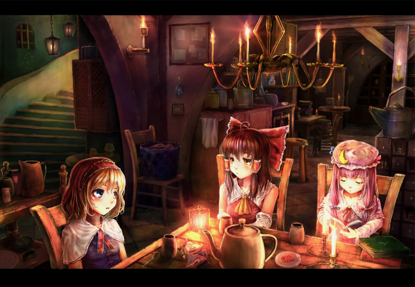 ahoge alice_margatroid ascot bad_id basket berries blonde_hair blue_dress blue_eyes blush book bottle bow brown_eyes brown_hair cabinet candle candlestick capelet chair closed_eyes crescent cup cupboard detached_sleeves dress eyes_closed hair_bow hair_tubes hairband hakurei_reimu hat house lying miko multiple_girls on_side patchouli_knowledge pink_dress plate purple_hair reading red_dress shanghai_doll sitting spoon stairs table teacup teapot tile_floor tiles touhou window yoshitake