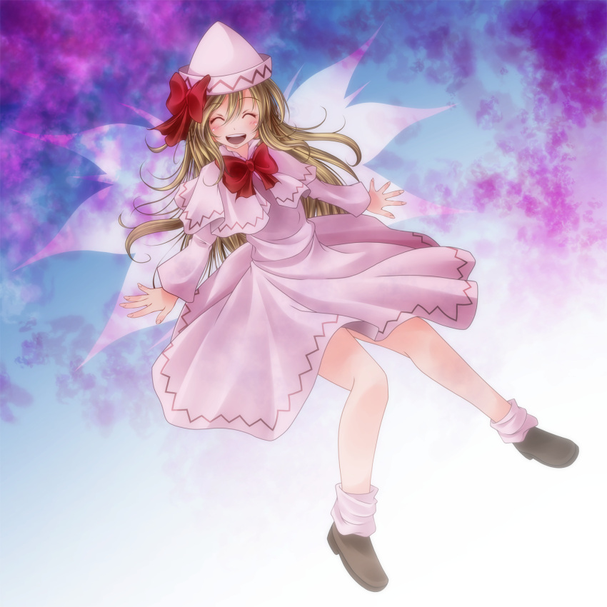 :d ^_^ blonde_hair blush bow bowtie capelet closed_eyes dress eyes_closed footwear hat highres lily_white long_hair looking_at_viewer open_mouth ribbon s-syogo shoes skirt smile socks solo teeth touhou white_dress wings