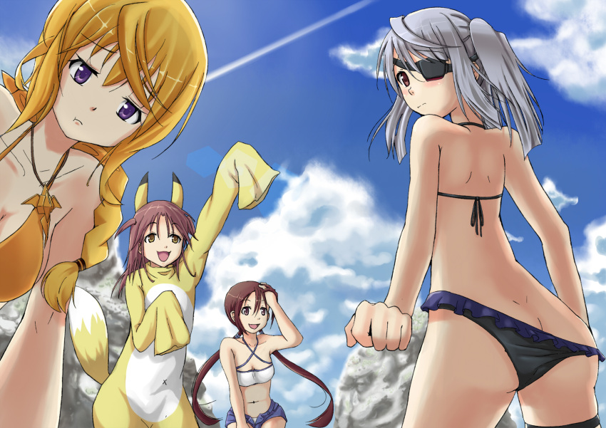 :d :t animal_costume animal_ears ass back bikini blonde_hair blush braid brown_eyes brown_hair butt_crack character_request charlotte_dunois cloud clouds costume denim_shorts eyepatch foreshortening fox_costume fox_ear fox_ears fox_tail from_behind highres infinite_stratos jewelry laura_bodewig loiking_back long_hair looking_at_viewer looking_back miu_(angelo_whitechoc) multiple_girls navel necklace nohotoke_honne open_mouth pendant pout purple_eyes red_eyes shorts silver_hair sky sleeves_past_wrists smile swimsuit tail tanimoto_yuzu thigh_strap twintails unbuttoned violet_eyes yellow_eyes