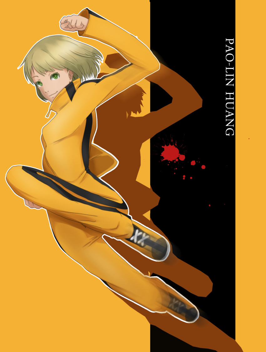 bad_id blonde_hair bruce_lee's_jumpsuit bruce_lee's_jumpsuit green_eyes highres huang_baoling hyappi jumping motion_blur shoes short_hair sneakers tiger_&amp;_bunny