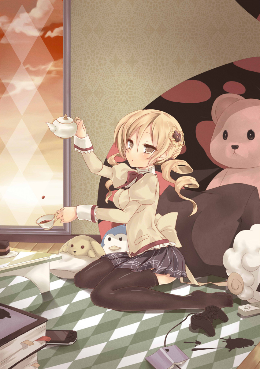 absurdres bird black_legwear blonde_hair book breasts bunny cake carpet charlotte_(madoka_magica) controller cup decantering drill_hair food frown game_controller hair_ornament highres kneeling large_breasts mahou_shoujo_madoka_magica penguin plaid plaid_skirt playstation playstation_portable pleated_skirt psp rabbit school_uniform sheep skirt solo stain stuffed_animal stuffed_toy sunset table taut_shirt teacup teapot teddy_bear thigh-highs thighhighs tomoe_mami tsliuyixin wii wii_remote window xbox_360 yellow_eyes