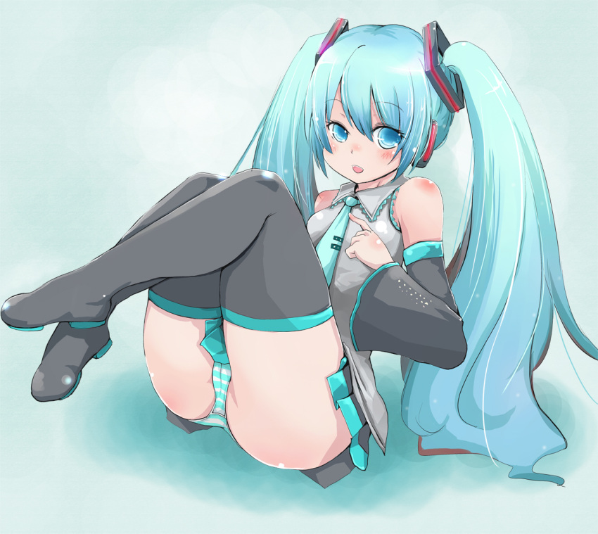 blue_hair blush bow detached_sleeves hair_bow haruyuki hatsune_miku lying panties striped striped_panties thigh-highs thighhighs twintails underwear vocaloid