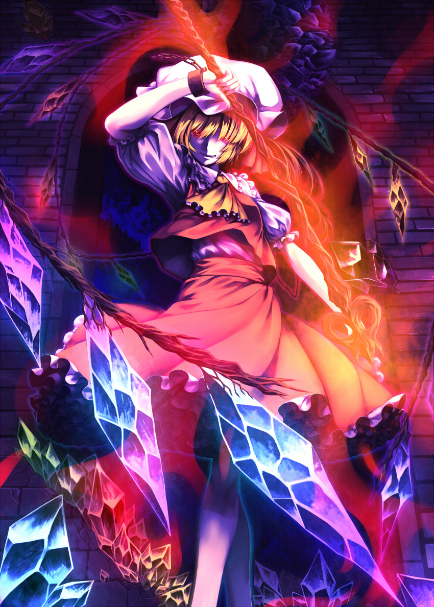 absurdres ascot blonde_hair chain chains cuffs flandre_scarlet frills glowing glowing_eyes grin hat highres laevatein looking_at_viewer manacles red_eyes shackle sharp_teeth short_hair side_ponytail skirt skirt_set smile solo teeth the_embodiment_of_scarlet_devil touhou tro weapon wings