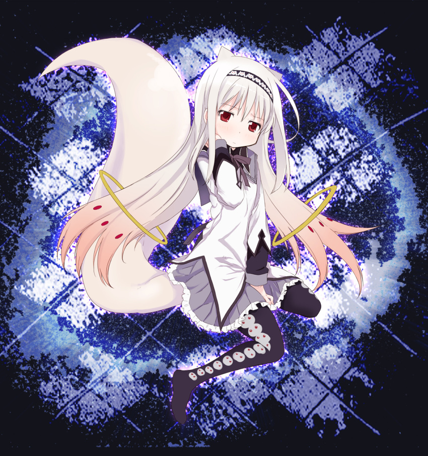 abe_kanari akemi_homura animal_ears argyle argyle_background between_legs between_thighs black_legwear blush bow bowtie capelet frills fusion hairband hand_between_legs hand_on_cheek hand_on_own_cheek hand_on_own_face highres kyubey long_hair lookin_at_viewer looking_at_viewer mahou_shoujo_madoka_magica multicolored_hair pantyhose personification red_eyes sailor_collar sitting skirt solo tail thighs wariza white_hair