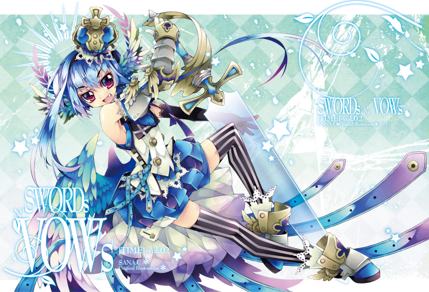 ahoge blue_eyes blue_hair checkered checkered_background crown fang gauntlets gloves happy head_wings highres huge_weapon knight multicolored_eyes open_mouth original red_eyes sana.c see-through shoes short_hair smile star sword thigh-highs thighhighs vertical-striped_legwear vertical_stripes weapon wings