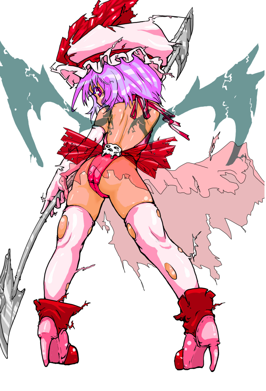 ass back bare_back child colored_eyelashes elbow_gloves from_behind gloves hat high_heels highres looking_back mersoleil03 panties polearm purple_eyes purple_hair remilia_scarlet ribbon shoes short_hair skindentation skull solo spear thigh-highs thighhighs torn_clothes torn_thighhighs touhou underwear violet_eyes weapon white_gloves white_legwear wings