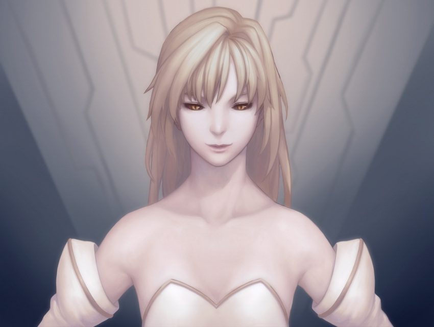 arcueid_brunestud bare_shoulders black_sclera blonde_hair brown_eyes bust collarbone detached_sleeves elbow_gloves gloves light_smile lips long_hair nfb-zmc slit_pupils solo tsukihime yellow_eyes