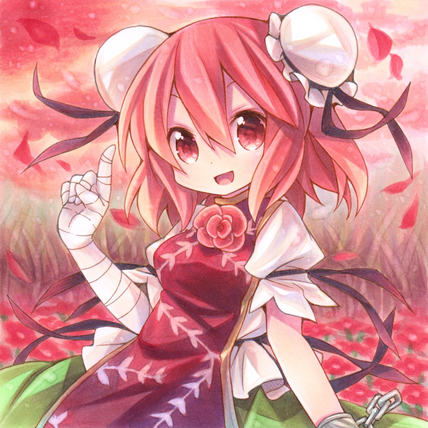bandage bandages bun_cover chain chains chinese_clothes cuffs double_bun flower hair_bun highres ibara_kasen ibaraki_kasen kagami_leo open_mouth petals pink_eyes pink_hair pink_rose pointing puffy_sleeves red_eyes rose shackle short_hair smile solo touhou traditional_media