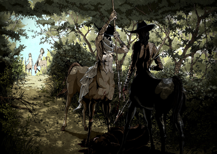 bandage bracelet centaur copyright_request forest hat hunting jewelry mugly nature polearm scarf scenery shade spear tattoo tree tree_shade weapon