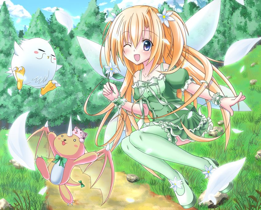 atsuchi_yotarou bird blonde_hair blush creature dress fairy fairy_wings flower forest frills grass green_dress green_legwear hair_flower hair_intakes hair_ornament highres horn long_hair mary_janes nature open_mouth original outdoors petals purple_eyes shoes side_ponytail skirt sky smile solo thigh-highs thighhighs tree violet_eyes wings wink wrist_cuffs