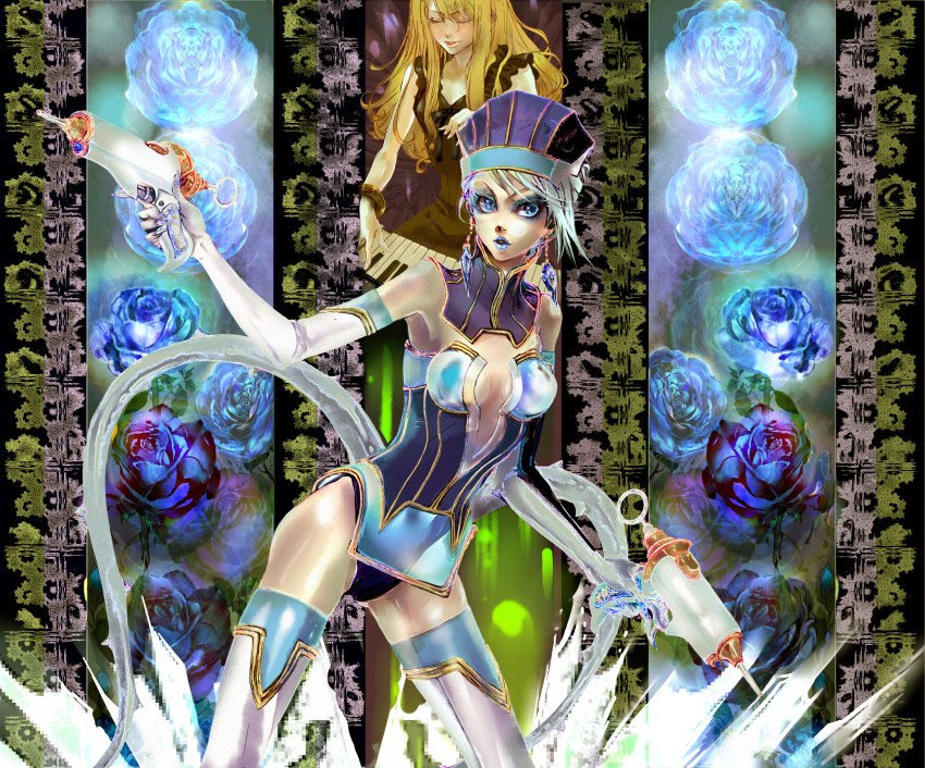 bare_shoulders blonde_hair blue_eyes blue_hair blue_rose blue_rose_(tiger_&amp;_bunny) boots breasts cleavage closed_eyes dress dual_persona earrings elbow_gloves eyes_closed flower gloves gun hat highres ice jewelry karina_lyle lipstick rose short_hair sunshine_kamura superhero thigh-highs thighhighs tiger_&amp;_bunny weapon