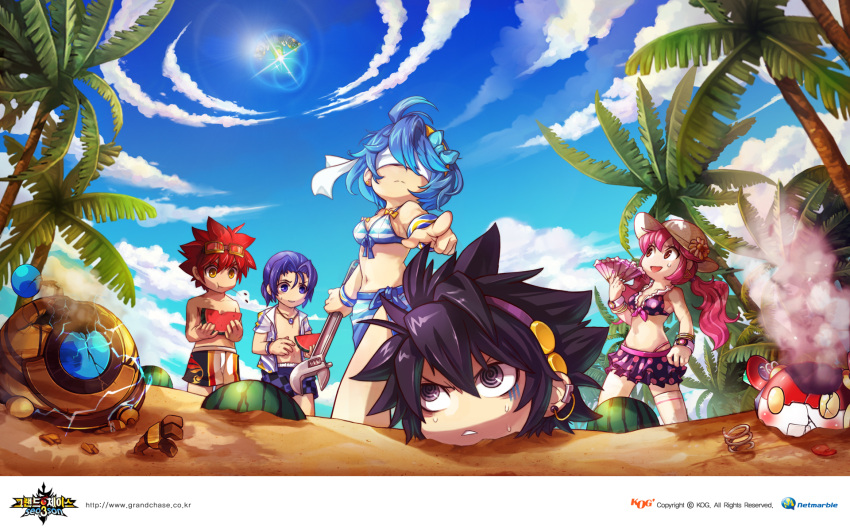 3boys ahoge amy_(grand_chase) beach bikini black_hair blindfold blue_eyes blue_hair blue_sky bow bracelet broken buried cloud dmg-mkiii_(grand_chase) earrings eating falling fan food fruit goggles goggles_on_head grand_chase hair_bow hat highres jewelry jin_(grand_chase) long_hair looking_up mari_(grand_chase) multiple_boys multiple_girls navel necklace open_clothes open_shirt palm_tree pierrot_(grand_chase) pink_eyes pink_hair pointing polka_dot ponytail purple_eyes red_eyes red_hair redhead robot ronan_erudon sand sarong seed short_hair sieghart_(grand_chase) sky smoke spitting spring_(object) sun_hat surprised sweatdrop swim_trunks swimsuit thigh-highs thighhighs tree violet_eyes watermelon white_legwear wrench