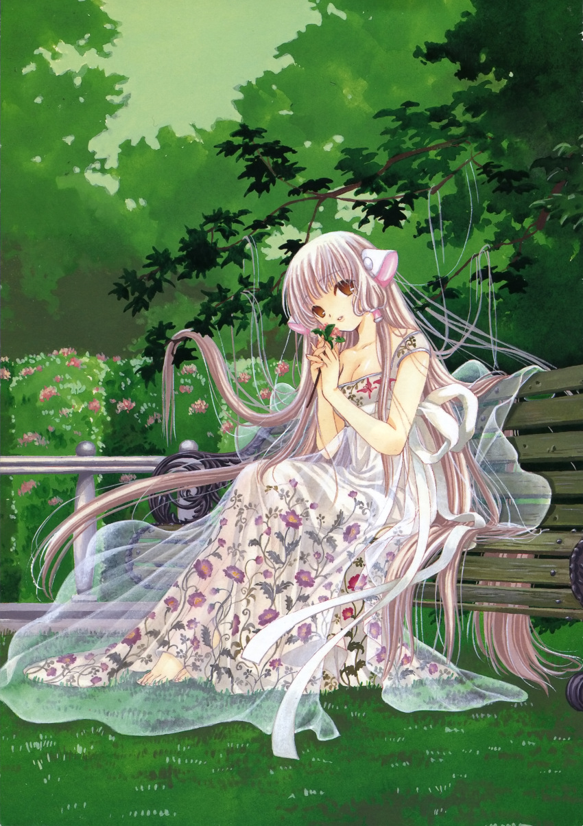 absurdres artbook bench breasts chii chobits clamp cleavage dress flower highres long_hair manga official_art robot_ears see-through sitting solo very_long_hair