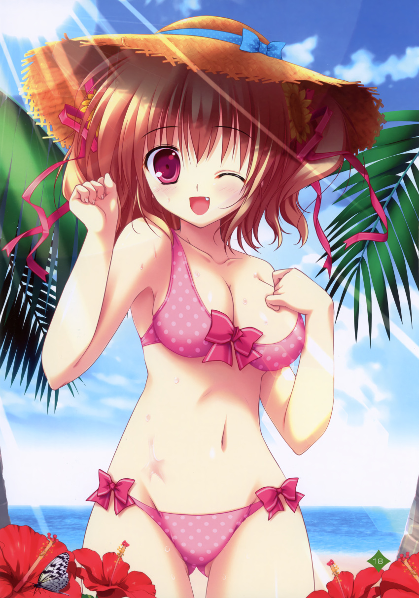 ;d absurdres bare_shoulders bikini bow breasts brown_hair cleavage cloud fang flower hair_bow hair_ribbon hat highres huge_filesize large_breasts mikeou mound_of_venus navel ocean open_mouth original palm_tree polka_dot polka_dot_bikini polka_dot_swimsuit red_eyes ribbon sky smile solo straw_hat sunbeam sunlight swimsuit tree two_side_up wink