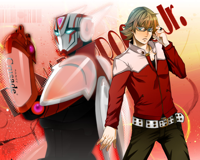 aqua_eyes bad_id barnaby_brooks_jr belt blonde_hair blue_eyes dual_persona glasses jacket jewelry male multiple_boys necklace neon_trim power_armor power_suit product_placement red_jacket sakichi6891 studded_belt superhero tiger_&amp;_bunny