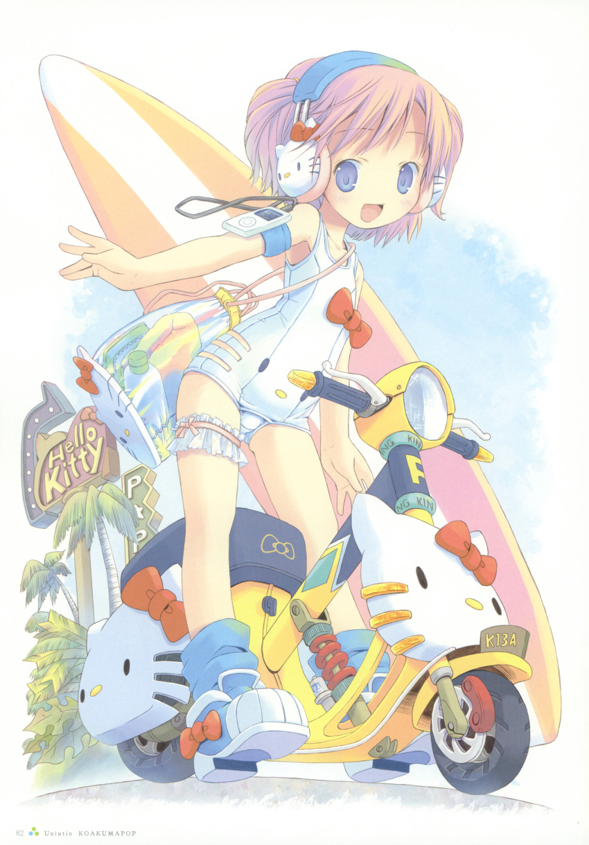 absurdres armband artbook bag blue_eyes blue_legwear blush digital_media_player flat_chest footwear handbag headphones hello_kitty highres leg_garter motor_vehicle motorcycle one-piece_swimsuit open_mouth palm_tree pop project_witch red_hair redhead ribbon school_swimsuit shoes short_hair short_twintails smile sneakers socks solo surfboard swimsuit tree twintails vehicle white_school_swimsuit