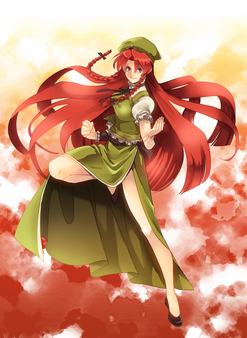 1girl absurdres blue_eyes braid breasts dress hat highres hong_meiling large_breasts lips long_hair metricmaile redhead smile solo standing_on_one_leg star touhou twin_braids vest