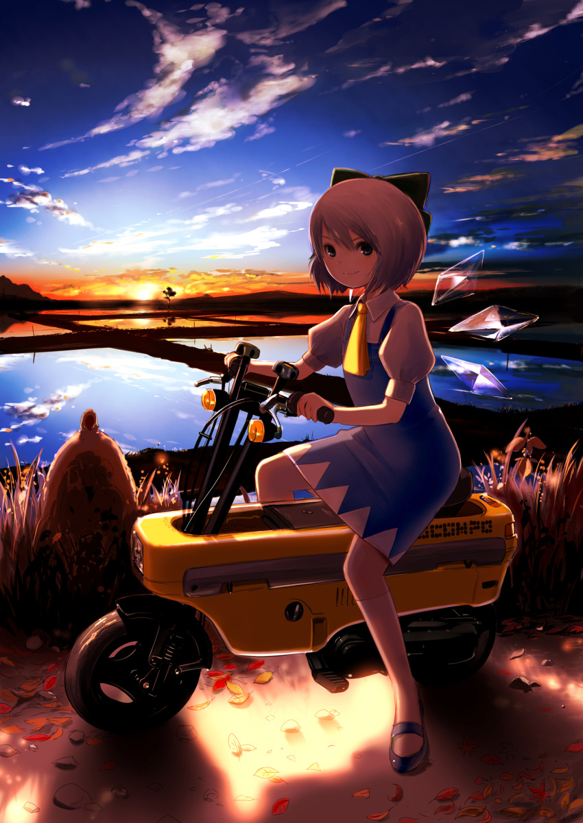 blue_eyes blue_hair bow cirno cloud dress dress_shirt field footwear grass hair_bow highres hosimo leaf looking_at_viewer motocompo motor_vehicle motorcycle mountain necktie riding rock scooter shirt shoes short_hair sitting skirt sky smile socks solo sun sunset touhou tree vehicle wings