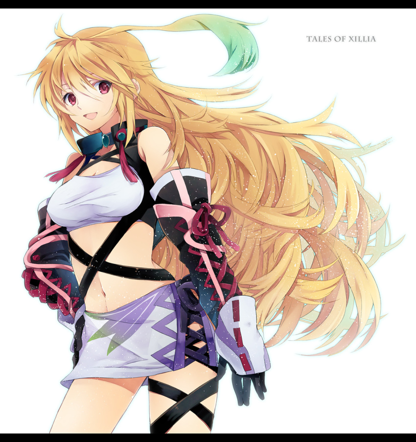 bad_id blonde_hair breasts choker cleavage elbow_gloves gloves gradient_hair green_hair hand_on_hip highres hips long_hair midriff milla_maxwell minmin_nemui multicolored_hair navel red_eyes skirt smile solo tales_of_(series) tales_of_xillia taut_shirt title_drop tubetop