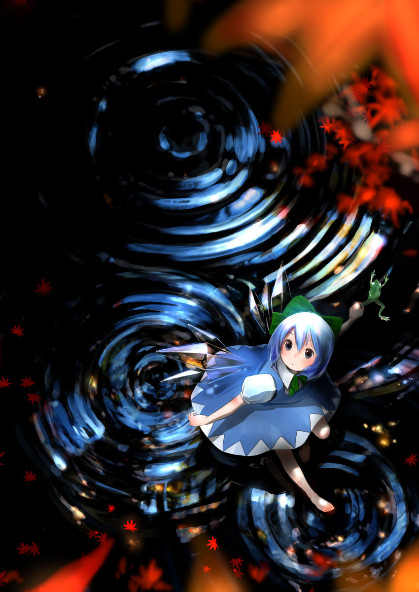 absurdres blue_dress blue_eyes blue_hair bow cirno dress dress_shirt frog from_above hair_bow highres hosimo leaf maple_leaf ribbon ripples shirt short_hair solo touhou water wings
