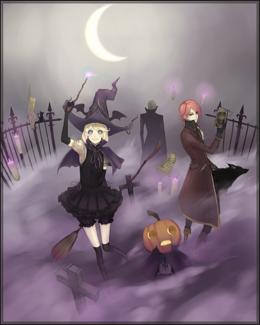 bloomers book boots broom candle ciev cloak copyright_request crescent_moon cross graveyard halloween hat highres jack-o'-lantern jack-o'-lantern minevi moon pumpkin red_hair redhead thigh-highs thighhighs tombstone wand witch witch_hat