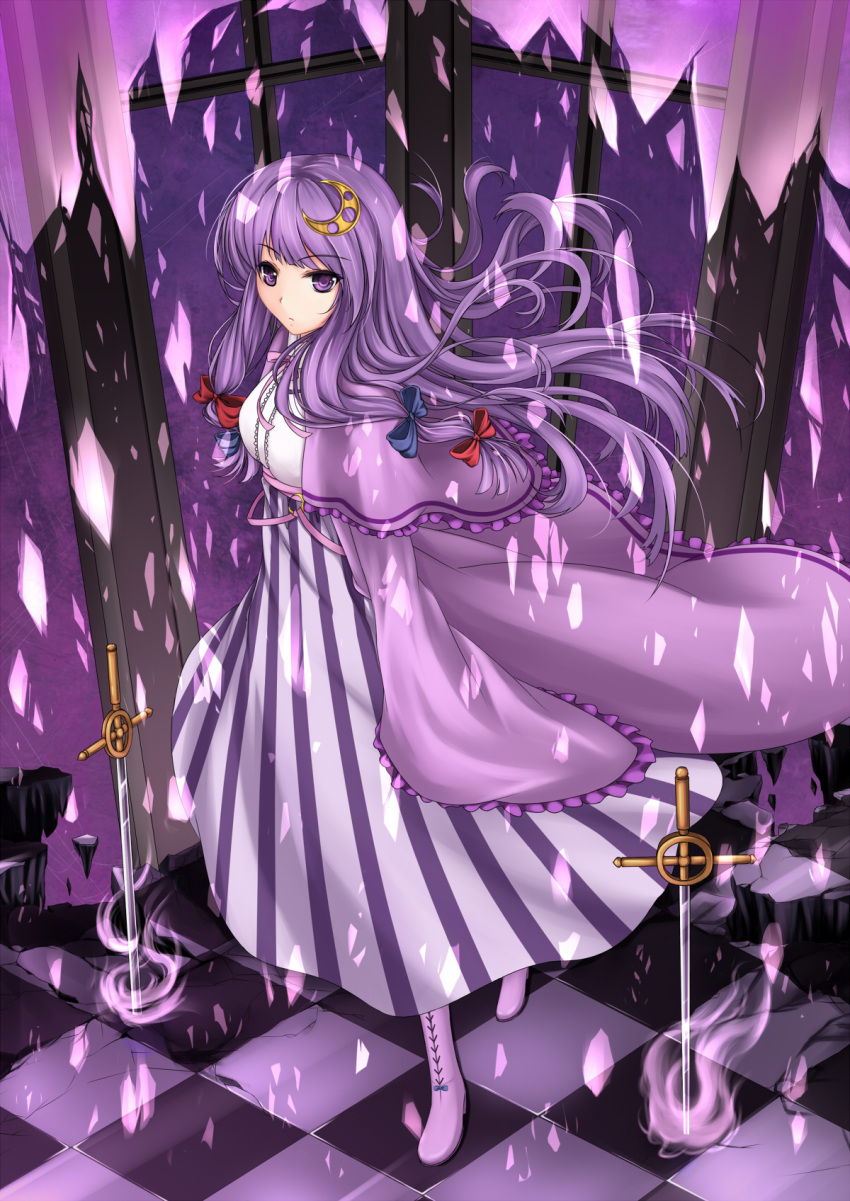 bow capelet checkered checkered_floor crescent hair_bow highres long_hair no_hat no_headwear patchouli_knowledge purple_eyes purple_hair solo striped sword touhou violet_eyes weapon zzz36951