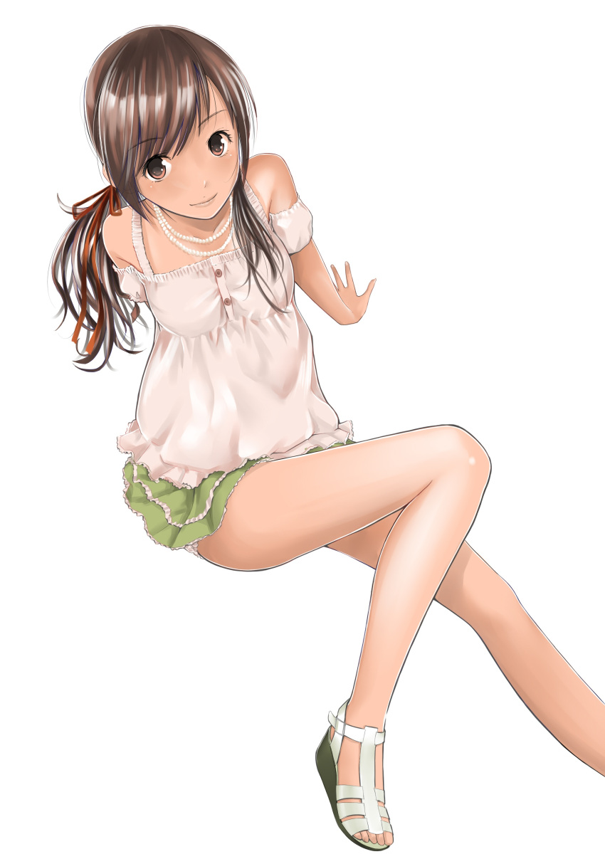 arm_support bare_legs bare_shoulders brown_eyes brown_hair camisole highres hitori_(htr_t) jewelry legs long_hair necklace original sandals simple_background sitting skirt smile solo