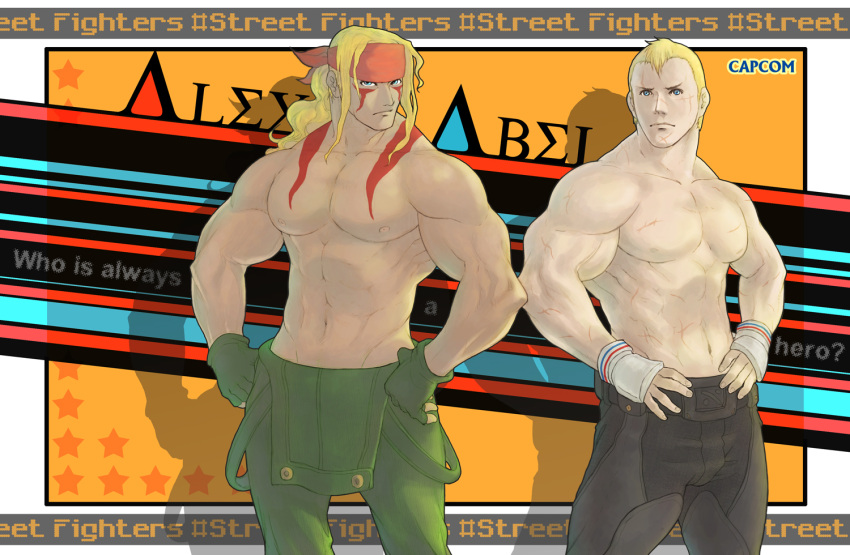abel alex blonde_hair blue_eyes capcom headband multiple_boys muscle overalls scarf shirtless street_fighter street_fighter_iii street_fighter_iv topless