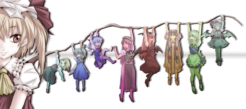 &gt;:) &gt;:d :&lt; :d :o ^_^ ahoge ao_usagi apron arm_up arms_up ascot bangs barefoot bat_wings beret black_legwear blonde_hair blue_dress blue_eyes blue_hair blue_ribbon blunt_bangs bow braid china_dress chinese_clothes cirno closed_eyes colorful crescent cup daiyousei dress dress_shirt drinking everyone eyes_closed fairy_wings fang flandre_scarlet flying_sweatdrops frills gradient green_eyes green_hair grey_hair hair_bow hair_ribbon hanging hat hat_ribbon head_wings high-heels high_heels highres hime_cut hong_meiling ice ice_wings izayoi_sakuya kicking kneehighs koakuma large_bow lavender_hair long_hair long_sleeves looking_down looking_up low_wings maid maid_headdress multiple_girls necktie open_mouth outstretched_arms pantyhose patchouli_knowledge payot purple_dress purple_eyes purple_hair red_eyes red_hair red_ribbon redhead remilia_scarlet ribbon rumia shirt shoes short_hair short_sleeves side_ponytail side_slit skirt skirt_set smile spread_arms star striped striped_dress surprised suspended sweatdrop teacup the_embodiment_of_scarlet_devil touhou trembling twin_braids vertical_stripes very_long_hair vest violet_eyes waist_apron waving white_hair white_legwear white_shirt wings wrist_cuffs youkai