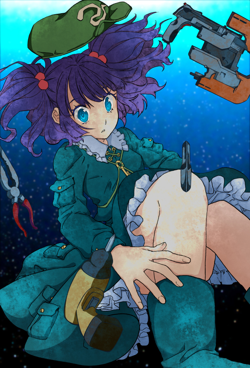 blue_hair colored dead_space drill gun hair_bobbles hair_ornament hat hat_removed headwear_removed highres kappa kawashiro_nitori kayako_(tdxxxk) plasma_cutter pliers purple_hair satukiame short_twintails tools touhou twintails underwater water weapon