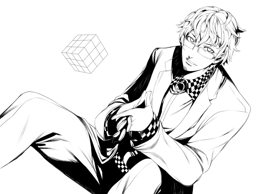 absurdres checkered facial_hair glasses gloves goatee hands_clasped highres interlocked_fingers labcoat lineart male monochrome rby rubik's_cube rubik's_cube shikihara_mitabi sitting solo utsurigi_gaisuke zaregoto_series