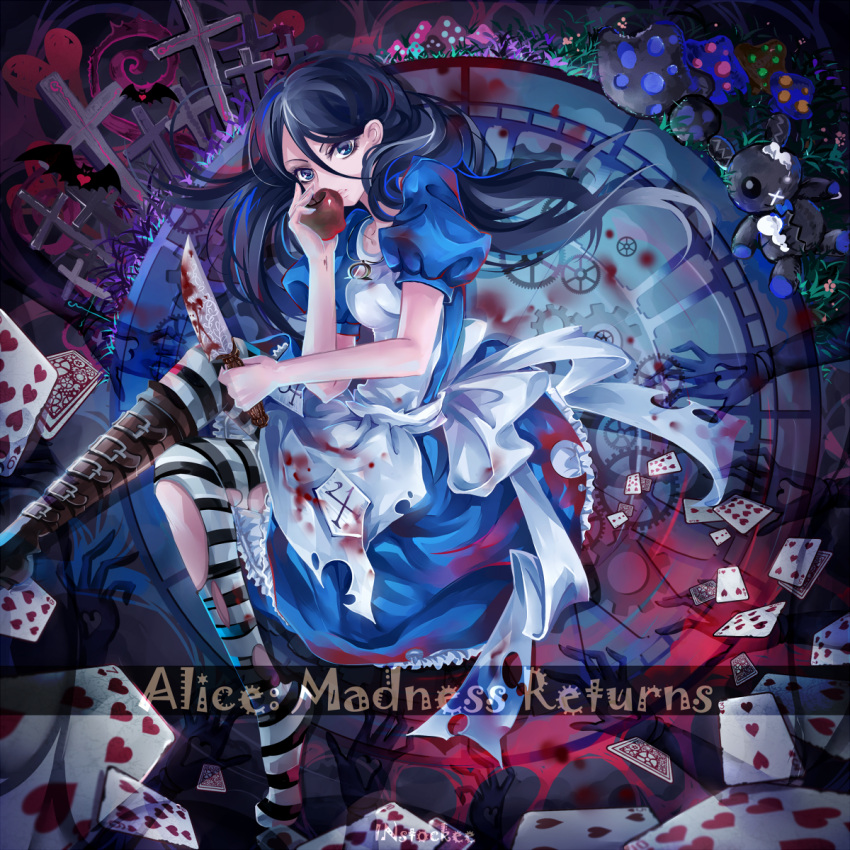 alice:_madness_returns alice_(wonderland) alice_in_wonderland american_mcgee's_alice american_mcgee's_alice apple apron bad_id black_hair blood blue_eyes boots dress food fruit highres instocklee jewelry lips long_hair necklace pantyhose single_shoe solo striped striped_legwear torn_pantyhose