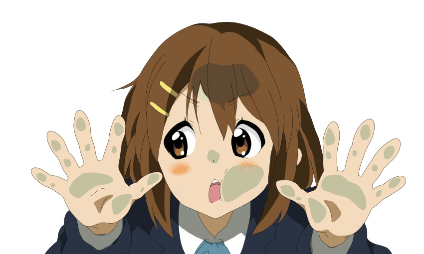 absurdres against_glass blush brown_eyes brown_hair fourth_wall hairclip hairpins hands highres hirasawa_yui jacket k-on! looking open_mouth school_uniform seifuku short_hair simple_background vector vector_trace wallpaper white white_background