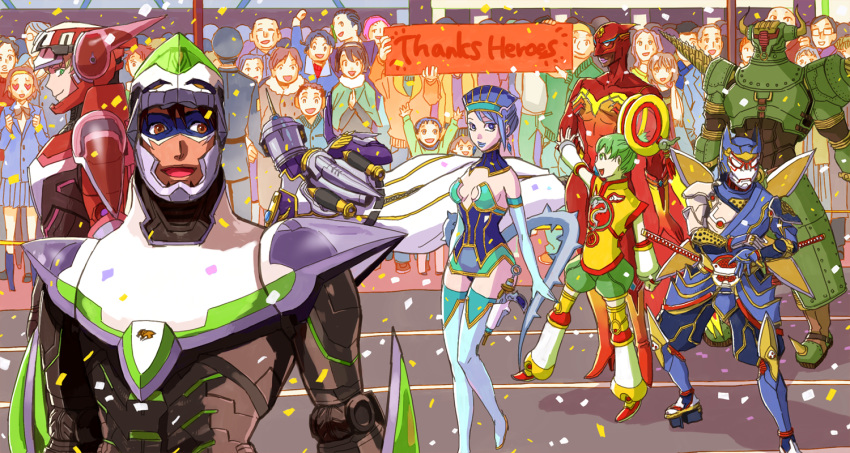 bare_shoulders barnaby_brooks_jr blue_eyes blue_hair blue_rose_(tiger_&amp;_bunny) boots breasts brown_hair cape chinese_clothes detached_sleeves dragon_kid drill earrings elbow_gloves everyone fire_emblem_(tiger_&amp;_bunny) geta gloves green_eyes green_hair hat helmet horns huang_baoling ivan_karelin jetpack jewelry kaburagi_t_kotetsu karina_lyle keith_goodman lipstick makeup male mask nathan_seymour nazu0925 origami_cyclone parade power_armor rock_bison scarf_girl_(tiger_&amp;_bunny) shoes short_hair shuriken sky_high spandex superhero thigh-highs thigh_boots thighhighs tiger_&amp;_bunny weapon wild_tiger